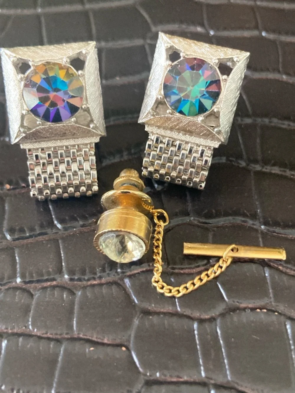 Vintage Swank Aurora Borealis Crystal Wrap Cufflinks w/ matching Tie Tack 1960s